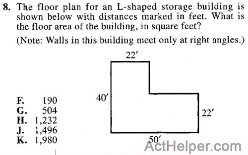 8. The floor plan for an L-shaped storage building is shown below with distances marked in feet. What is the floor area of the building, in square feet? (Note: Walls in this building meet only at right angles.)