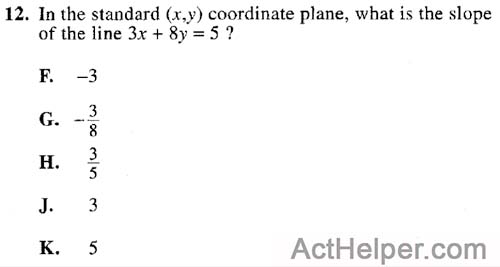 12. In the standard (x,y) coordinate plane, what is the slope of the line 3x + 8y = 5 ?