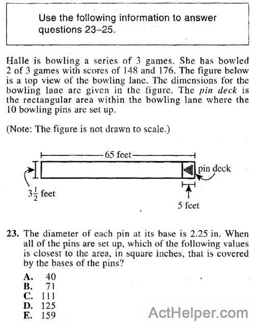 23. The diameter of each pin at its base is 2.25 in. When all of the pins are set up, which of the following values is closest to the area, in square inches, that is covered by the bases of the pins?