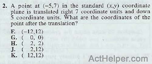 2. A point at (-5,7) in the standard (x,v) coordinate plane is translated right 7 coordinate units and down 5 coordinate units. What are the coordinates of the point after the translation?